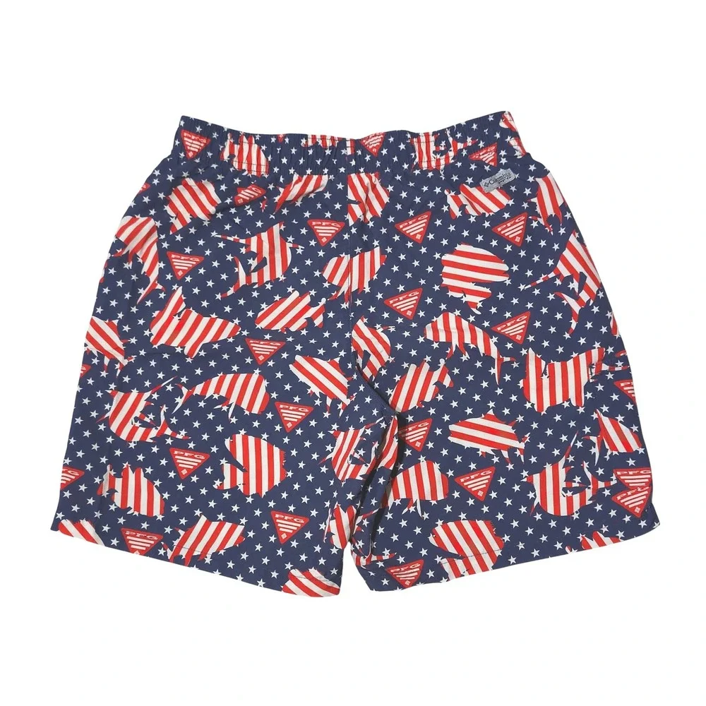 Columbia PFG Nylon Shorts Youth Medium 10/12 Blue Red White Stars Fish Patriotic